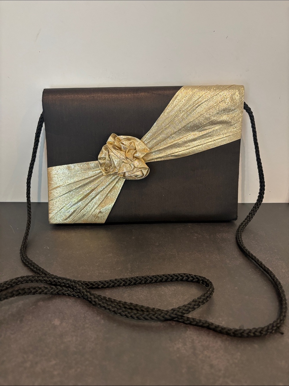 Black and Gold Evening Clutch with Rose Accent